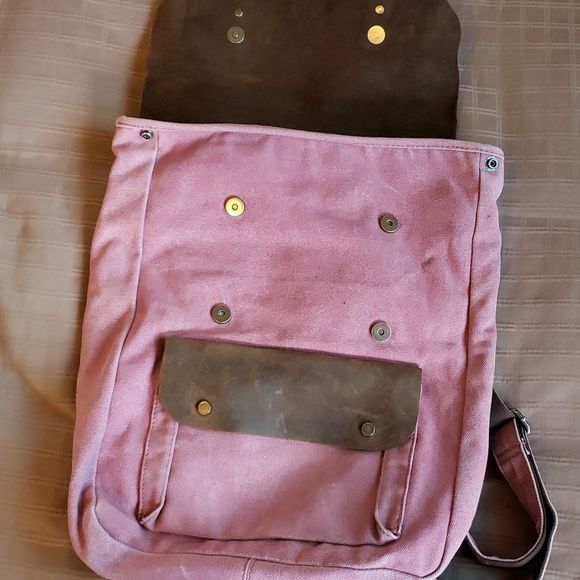 Leather & Pink Canvas Backpack Computer Book Bag - Picture 5 of 8